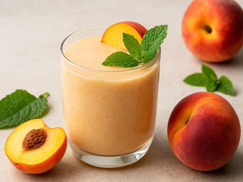 A glass of orange peach smoothie garnished with mint, with fresh peach halves beside it.