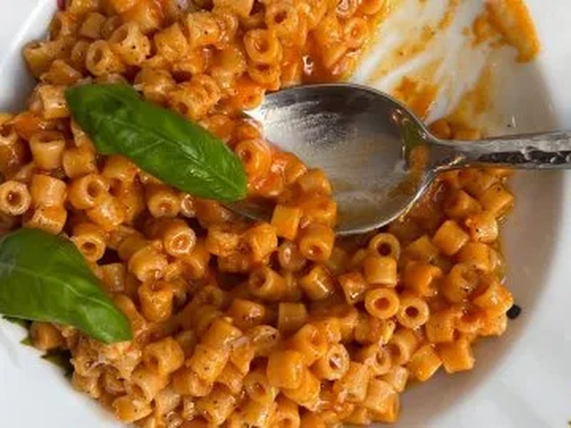 A plate of small ditalini pasta tubes coated in a creamy orange tomato sauce, with basil leaves.